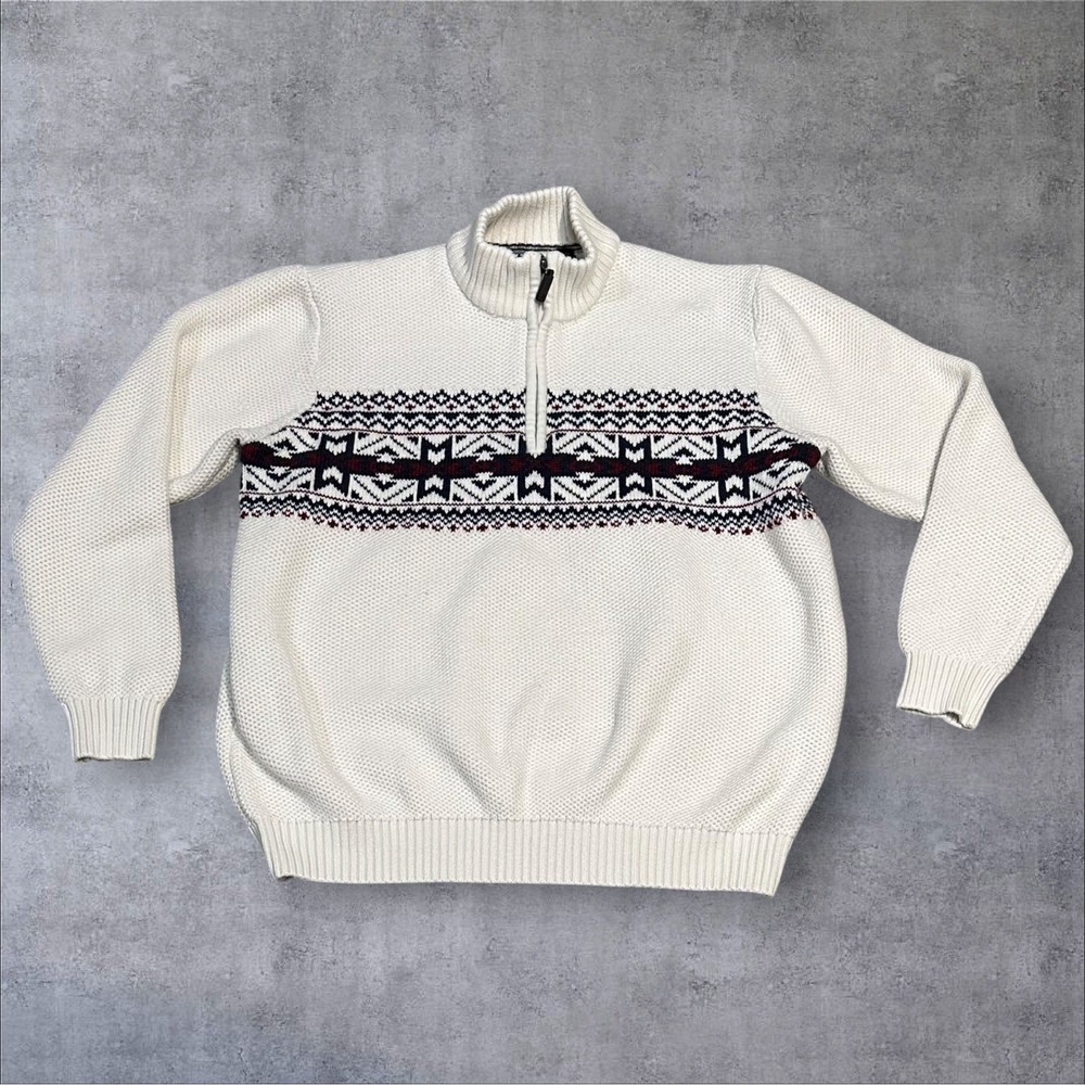 Izod Mens Size XL Fair Isle Honeycomb Knit 1/4 Zip Sweater Cream Red Blue‎